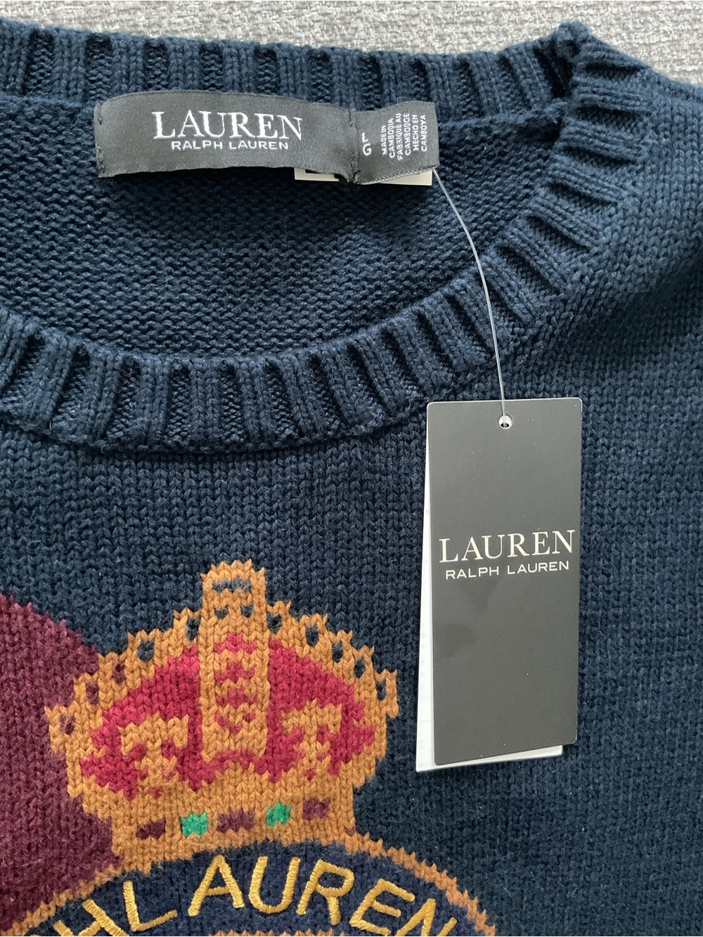 Ralph Lauren Navy Crewneck Sweater with Burgundy Diagonal Stripe & Crest - Picture 6 of 13